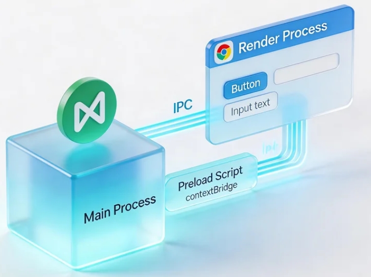 placeholder: 一张 Electron 进程架构图,展示 Main Process、Renderer Process、Preload Script 之间的关系和 IPC 通信